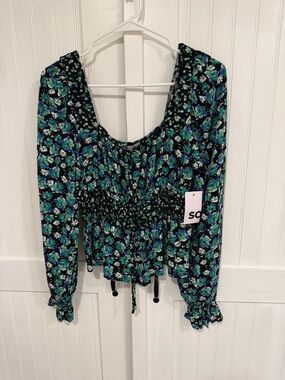 SO Black Floral Smocked, stretchy top w/ Blue-Green Flowers size L